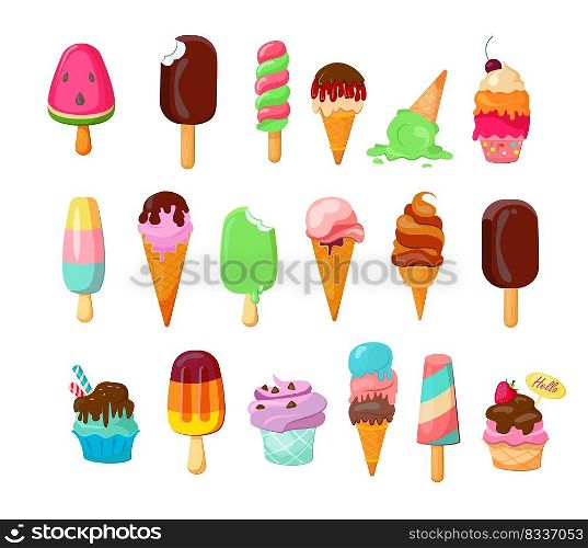 Ice cream set. Cone, popsicle, lolly pop, chocolate, wafle. Sweet food concept. Vector illustrations can be used for dessert, summer, party