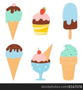 Ice cream set. Modern vector hand drawn illustrations of ice cream in different shapes with fillings, chocolate and fruits. Summer illustration in flat cartoon style isolated on white background.. Ice cream set. Modern vector hand drawn illustrations of ice cream in different shapes with fillings, chocolate and fruits.