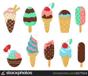 Ice cream set, vector illustration. Collection of different icecream in cone, on stick and bowl clip art. Delicious milk frozen dessert, isolated. Ice cream set vector illustration
