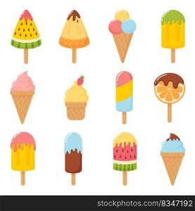 Ice cream set. Vector illustrations of frozen sweets in different shapes with fillings, chocolate and fruits. Isolated on white background. Ice cream set. Vector illustrations of frozen sweets in different shapes with fillings, chocolate and fruits.