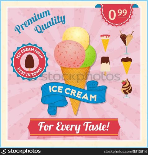 Ice cream shop advertisement vintage poster with three different taste scoops in waffle cone abstract vector illustration. Ice cream vintage poster
