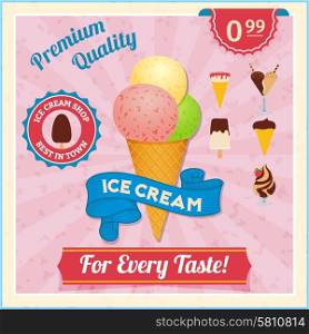 Ice cream shop advertisement vintage poster with three different taste scoops in waffle cone abstract vector illustration. Ice cream vintage poster
