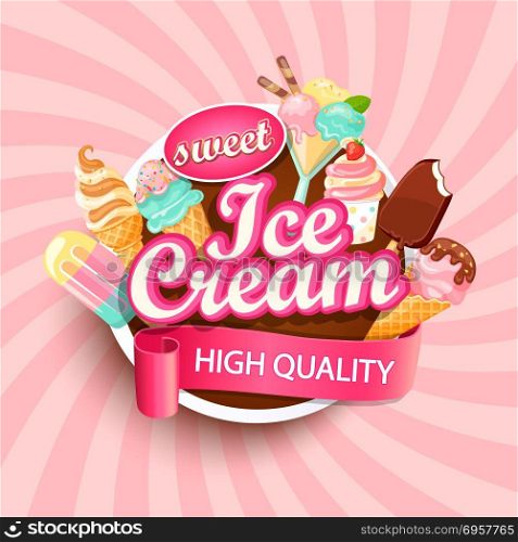 Ice cream shop logo, label or emblem.. Colorful Ice cream shop logo label or emblem in caartoon style for your design on suburst background. Vector illustration.