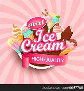 Ice cream shop logo, label or emblem.. Colorful Ice cream shop logo label or emblem in caartoon style for your design on suburst background. Vector illustration.