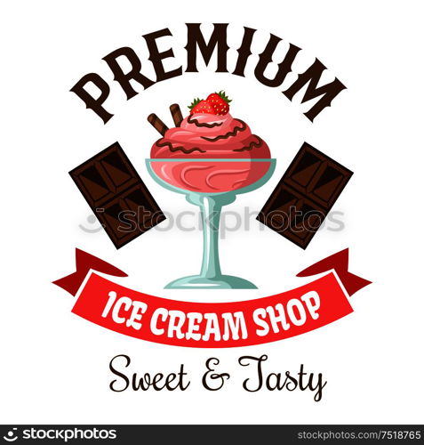 Ice cream shop symbol of strawberry gelato with chocolate and fresh fruit toppings, flanked by dark chocolate bars and vintage pale pink ribbon banner below. Great for takeaway ice cream cup or dessert menu design usage. Ice cream shop retro symbol with strawberry gelato