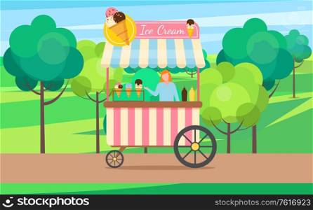 Ice cream shop vector, woman selling cold dessert in carriage. Greenery and nature of park, sunny weather, person with product different types meal. Ice Cream Truck with Seller and Dessert Cream