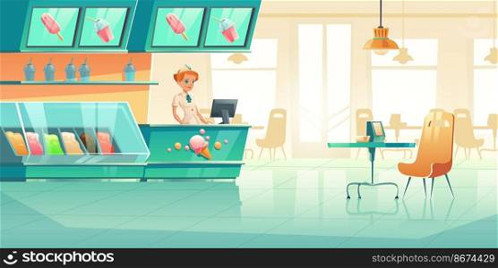 Ice cream shop with seller behind counter, fridge, tables with chairs. Vector cartoon interior of cafe with ice cream in freezer, italian gelateria or parlor with sundae and milkshake. Ice cream shop interior with seller at counter