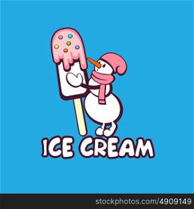 Ice cream sign, logo. Vector illustration of snowman with ice cream on a bright background.