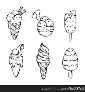Ice cream sketch set. Collection hand drawn engraving ice cream in cone, bowl, on stick, popsicle. Freeze treat isolated vector illustration. Ice cream sketch set