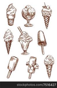 Ice cream sketches with cones, chocolate ice cream on sticks and sundae desserts in bowls, decorated by cherry fruit, nuts and wafer tube. Retro design for dessert menu, recipe book, sweet food. Ice cream desserts sketches set