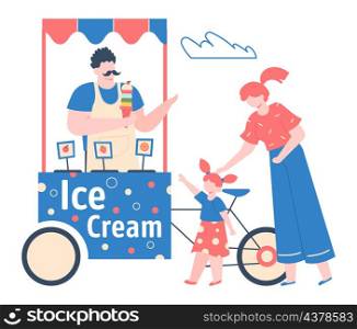Ice cream stall, street kiosk, sweet food. Vector kiosk and local shop, delicious frozen sweet product illustration. Ice cream stall, street kiosk, sweet food