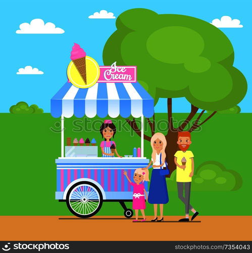 Ice cream stand in green park trees foliage bushes, family child, mother father and daughter near tent with ice-cream vector on background of greenery. Ice Cream Stand in Green Park Vector Illustration