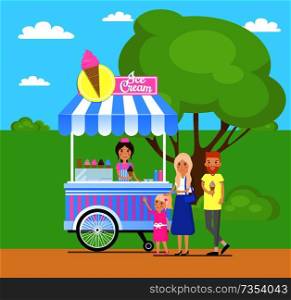 Ice cream stand in green park trees foliage bushes, family child, mother father and daughter near tent with ice-cream vector on background of greenery. Ice Cream Stand in Green Park Vector Illustration