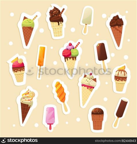 Ice cream stickers. Cartoon cute isolated badges of cold sweet summer desserts, colorful kids emblems and paper sticker collection. Vector set of waffle cups with balls and fruit ice. Ice cream stickers. Cartoon cute isolated badges of cold sweet summer desserts, colorful kids emblems and paper sticker collection. Vector set