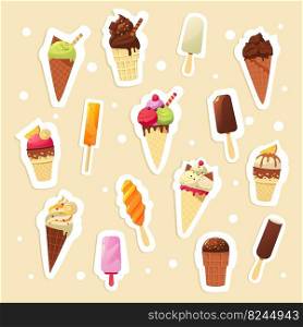Ice cream stickers. Cartoon cute isolated badges of cold sweet summer desserts, colorful kids emblems and paper sticker collection. Vector set of waffle cups with balls and fruit ice. Ice cream stickers. Cartoon cute isolated badges of cold sweet summer desserts, colorful kids emblems and paper sticker collection. Vector set