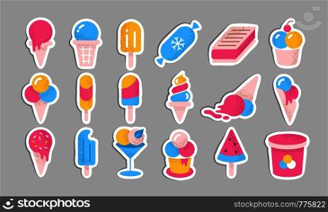Ice cream stickers. Summer cold dessert set on sticks in cones cups and bucket, cute flat cartoon design elements. Vector big collection sweet cute labels. Ice cream stickers. Summer cold dessert set on sticks in cones cups and bucket, cute flat cartoon design elements. Vector labels