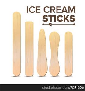 Ice Cream Sticks Set Vector. Different Types. Wooden Stick For Ice cream, Medical Tongue Depressor. Isolated On White Background Illustration. Ice Cream Sticks Set Vector. Different Types. Wooden Stick For Ice cream, Medical Tongue Depressor. Isolated
