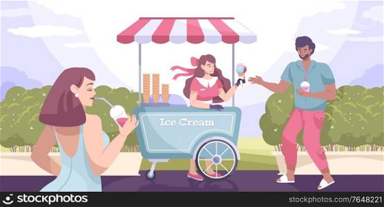 Ice cream street flat composition kiosk in park and guy buys ice cream vector illustration