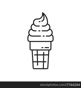 Ice cream summer dessert, creamy ice-cream in wafer cone isolated outline icon. Vector whipped caramelized thin line icecream in waffle cone. Refreshing cold takeaway food, fastfood snack. Swirled creamy outline ice cream in wafer cone