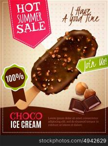 Ice Cream Summer Sale Illustration. Ice cream summer sale vector illustration with advertising of chocolate eskimo pie with nuts in realistic style