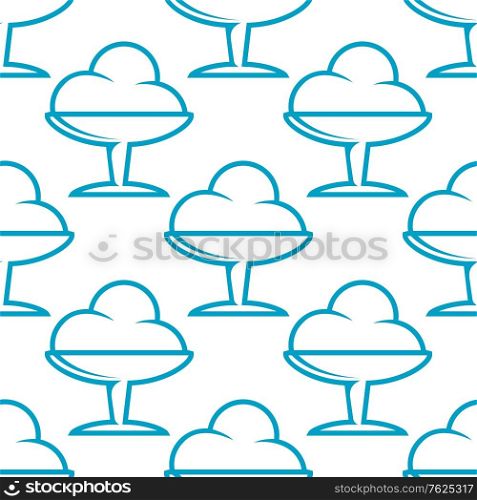 Ice cream sundae seamless pattern with a simple outline motif in a stemmed cocktail glass in blue in square format suitable for wallpaper and fabric design. Ice cream sundae seamless pattern