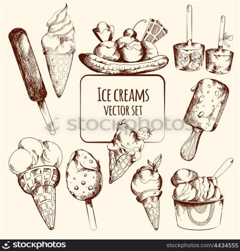 Ice cream sweet cold dessert sketch set isolated vector illustration. Ice Cream Sketch