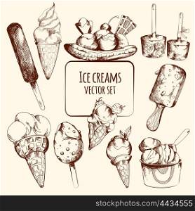 Ice cream sweet cold dessert sketch set isolated vector illustration. Ice Cream Sketch