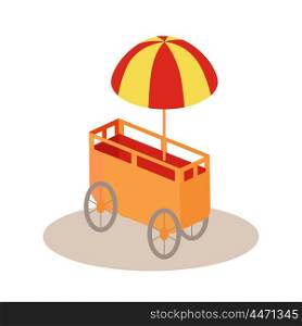Ice-Cream Trolley Isometric Vector Icon.. Ice-cream trolley in isometric projection Vector style design Icon. Street fast food concept. Food truck with umbrella illustration. Isolated on white background.