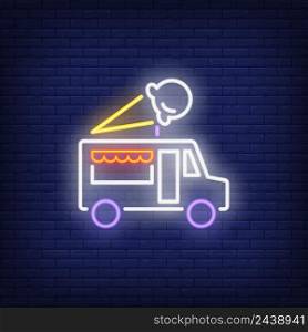 Ice-cream truck neon sign. Dessert, transportation and food concept. Advertisement design. Night bright colorful billboard, light banner. Vector illustration in neon style.
