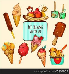 Ice cream varieties sketch colored decorative icons set isolated vector illustration. Ice Cream Sketch Colored
