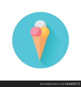 Ice Cream Vector Flat Style Illustration. Waffle cone with three colors ice cream balls. Vector in flat design. Refreshing cold dessert. Summer sweets. Illustration for food concepts, diet infographic, icons or web design. On white background