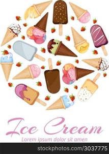 Ice cream vector icons logos set in circle design. Ice cream vector icons logos set in circle design. Set of ice cream in round. Ice cream in cone waffle with strawberry illustration