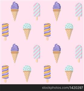 Ice cream vector seamless pattern on pink background. Trendy flat illustration for textile design, packaging and wrapping paper.. Ice cream vector seamless pattern on pink background.
