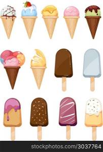 Ice cream vector set. Ice cream vector set. Sweet ice cream with chocolate, dessert ice cream vanilla with strawberry illustration