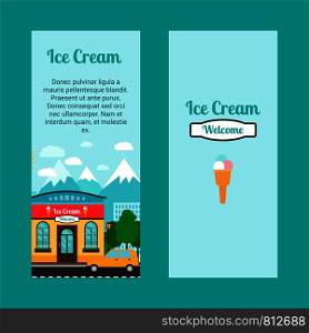 Ice cream vertical flyers with shop building and landscape. Vector illustration. Ice cream flyers with shop building