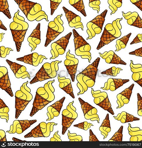 Ice cream waffle cone seamless background. Wallpaper with dessert pattern vector icons of vanilla ice cream scoops for cafe, restaurant menu, decoration. Ice cream waffle cone seamless background