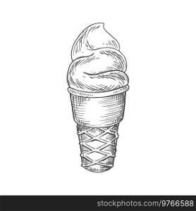 Ice cream, waffle cone with swirl isolated sketch. Vector sundae refreshing summer dessert. Gelato ice cream isolated hand drawn sketch
