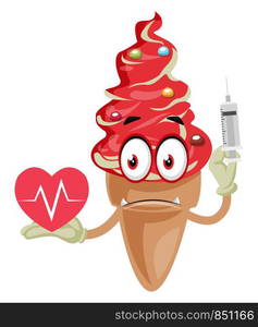 Ice cream with broken heart, illustration, vector on white background.