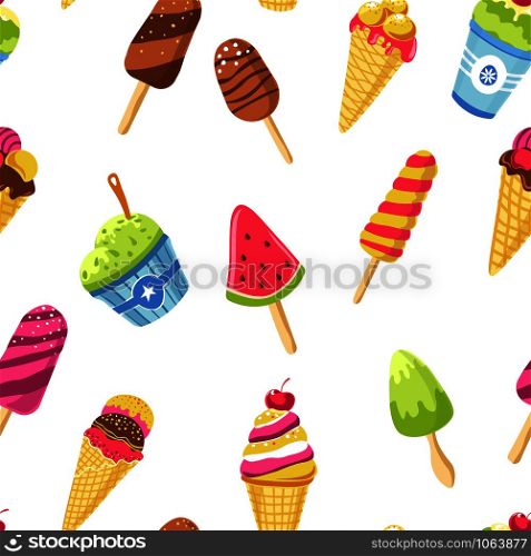 Ice cream with different tastes and shapes tasty food refreshing in summer vector watermelon and chocolate flavour cherry and kiwi yummy meal on stick frozen milk and ingredients sweet fruits. Ice cream with different tastes and shapes tasty food