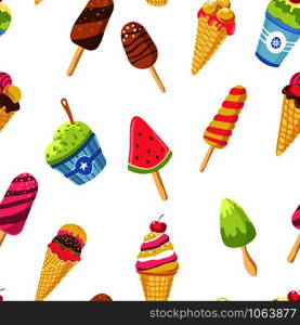 Ice cream with different tastes and shapes tasty food refreshing in summer vector watermelon and chocolate flavour cherry and kiwi yummy meal on stick frozen milk and ingredients sweet fruits. Ice cream with different tastes and shapes tasty food