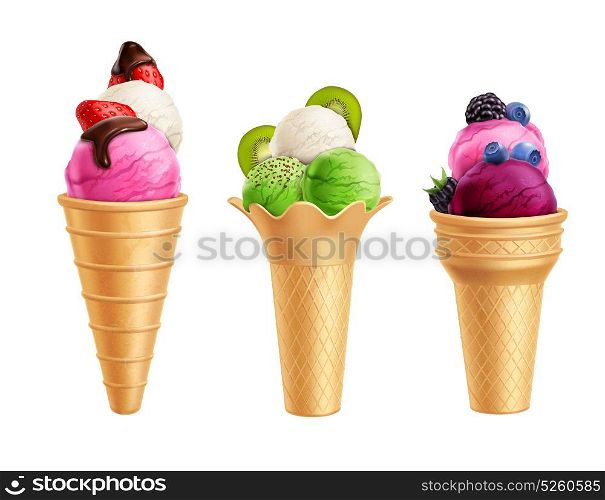 Ice Cream With Fruits Realistic Set. Realistic set of ice cream with fruits including strawberry, kiwi, blueberry in waffle cones isolated vector illustration