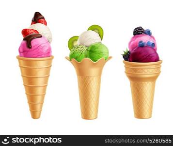 Ice Cream With Fruits Realistic Set. Realistic set of ice cream with fruits including strawberry, kiwi, blueberry in waffle cones isolated vector illustration