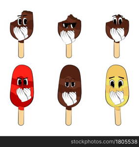 Ice Cream with hands over mouth. Summer refreshment, sweet food as a cartoon character with face.