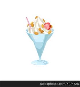Ice cream with nuts, strawberry and straw in glass cup isolated vector icon. Sweet dessert label for cafe and restaurant menu design, cartoon dairy product. Ice cream with nuts, strawberry and straw in cup