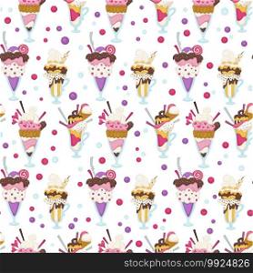 Ice cream with slices of fruits, candies and topping seamless pattern. Vanilla gelato served in glass cups, menu of restaurant or cafeteria. Homemade snack, dessert with cookies, vector in flat. Desserts served in cup, ice cream seamless pattern