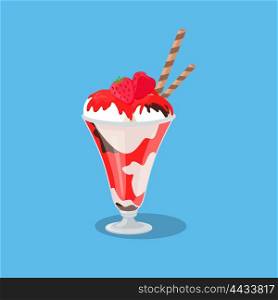 Ice Cream Yogurt in a Glass Isolated. Ice cream yogurt in a glass design flat style isolated. Cold ice cream with syrup and red strawberries on top in a glass isolated on a blue background. Product tasty fruity creamy. Vector illustration