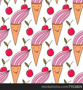 Ice creams with cherries pattern. Seamless summer background. Ice cream cones and red cherry print. Childish textile design. Ice creams with cherries pattern. Seamless summer background. Ice cream cones and red cherry print. Childish textile design.