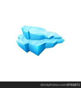 Ice crystal, blue iced floe, vector two-tier snowy block, glacier or salt mineral ui design element. Cartoon cap snowdrift, winter turquoise ice cube or piece of glass isolated on white background. Ice crystal, blue iced floe, vector two-tier block