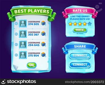 Ice crystals game menu, gamer ui panel with buttons, blue cartoon frozen interface with gui elements. Best player, rate us, share and connect boards, user profile with rating stars isolated vector set. Ice crystals game menu gamer ui panel with buttons