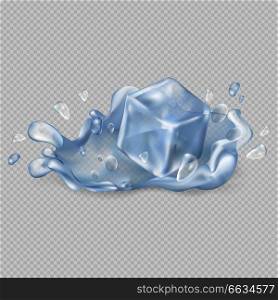 Ice cube drops in clear water maing big splash that spreads drops all over isolated vector illustration on transparent background.. Ice Cube Drops in Water Isolated Illustration
